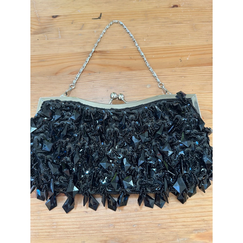 Joan Vass Black Beaded Sequin Evening Clutch Bag Silver Kiss Lock Goth Emo Punk